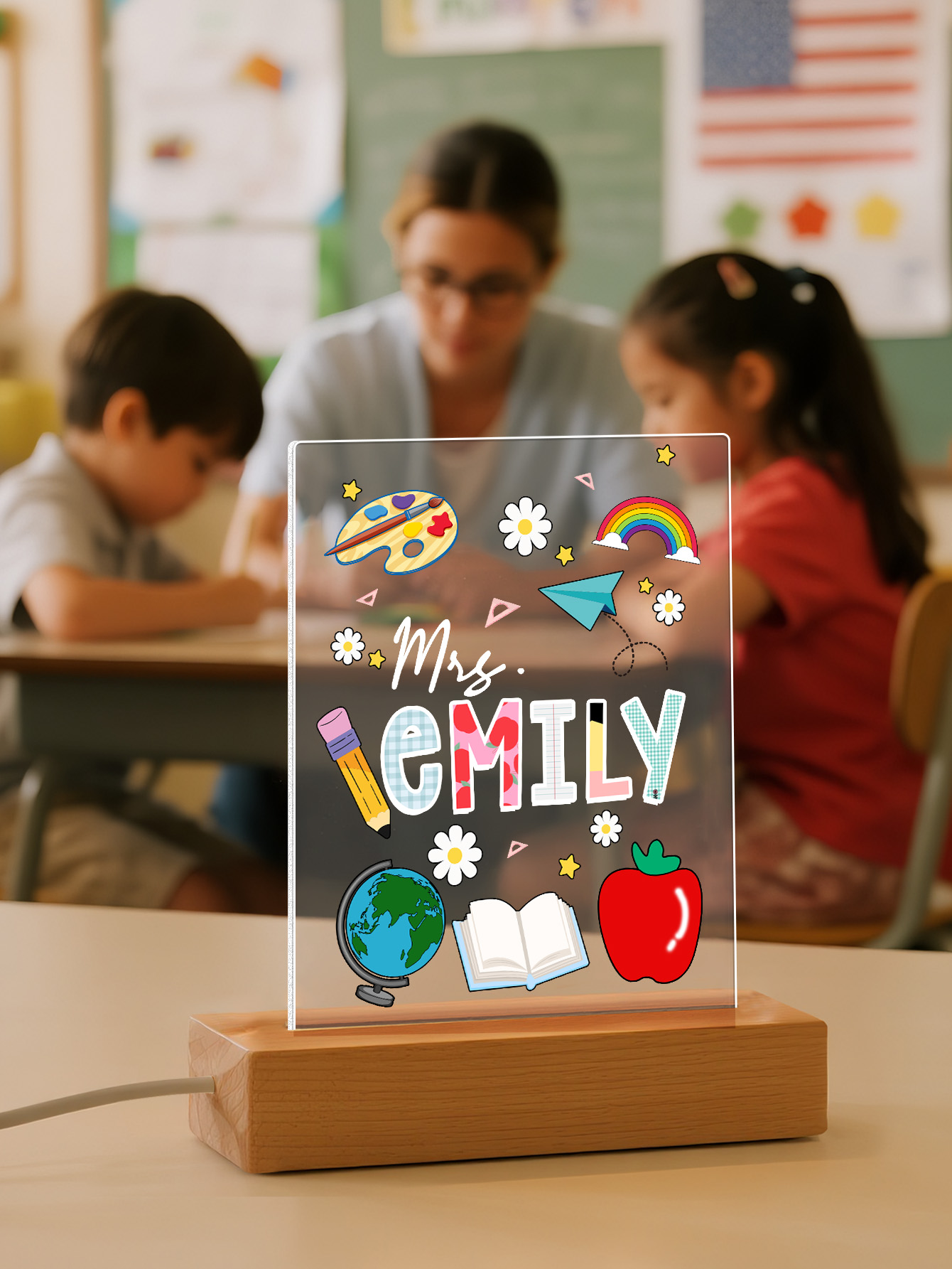 Custom Engraved Back to School Transparent Night Light with Stationery Design White Light Teacher's Day Gift