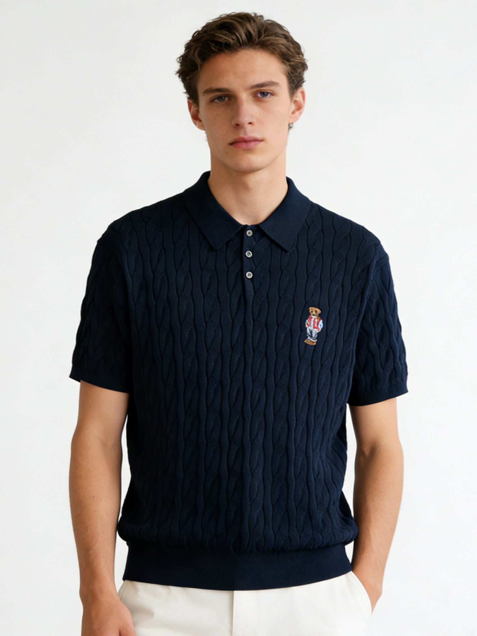 Men’s Short Sleeve Cable Knit Polo Shirt – Bear Print