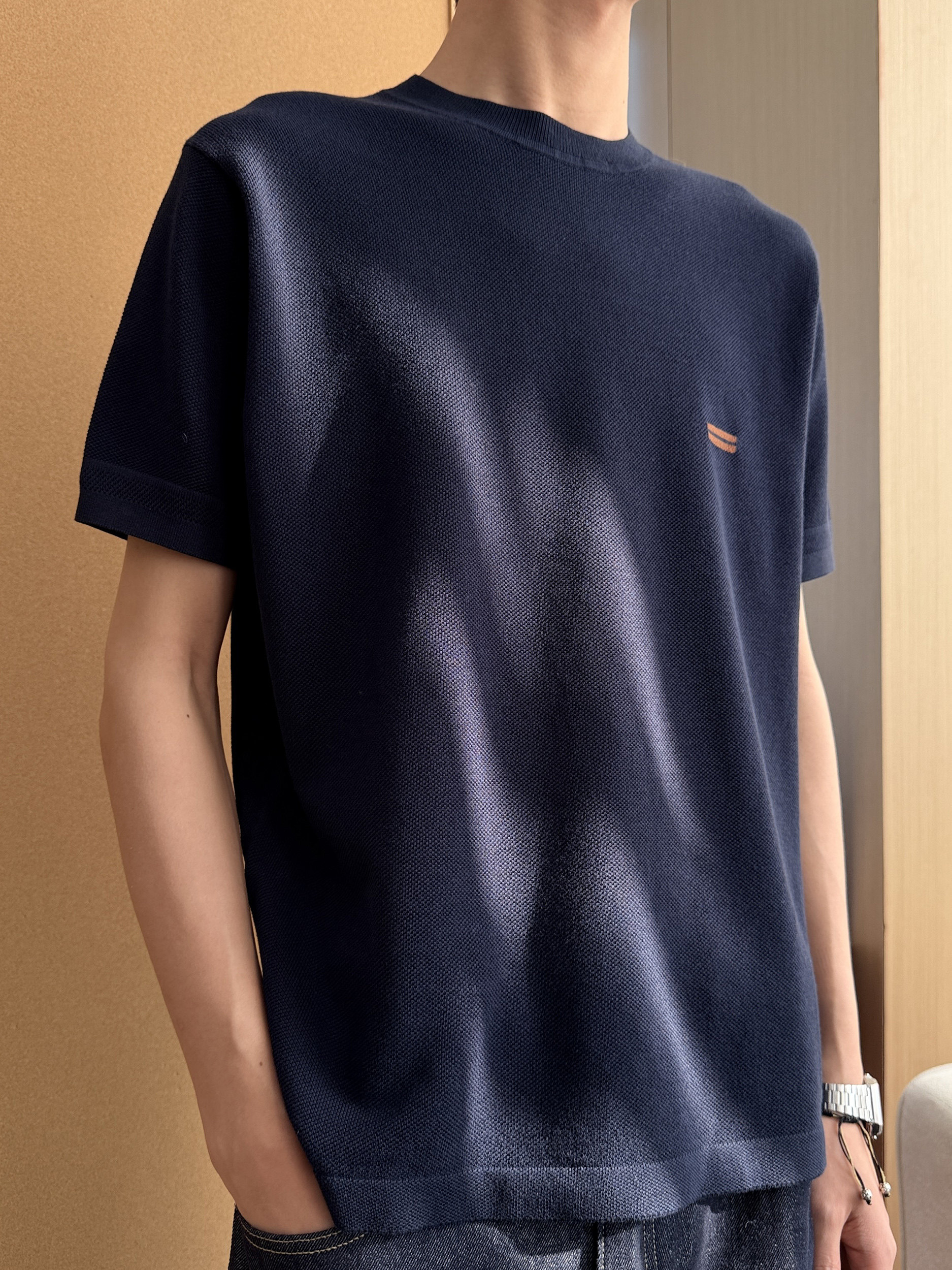 Men’s Navy Textured Knit Tee – Minimal Chest Logo Short Sleeve 