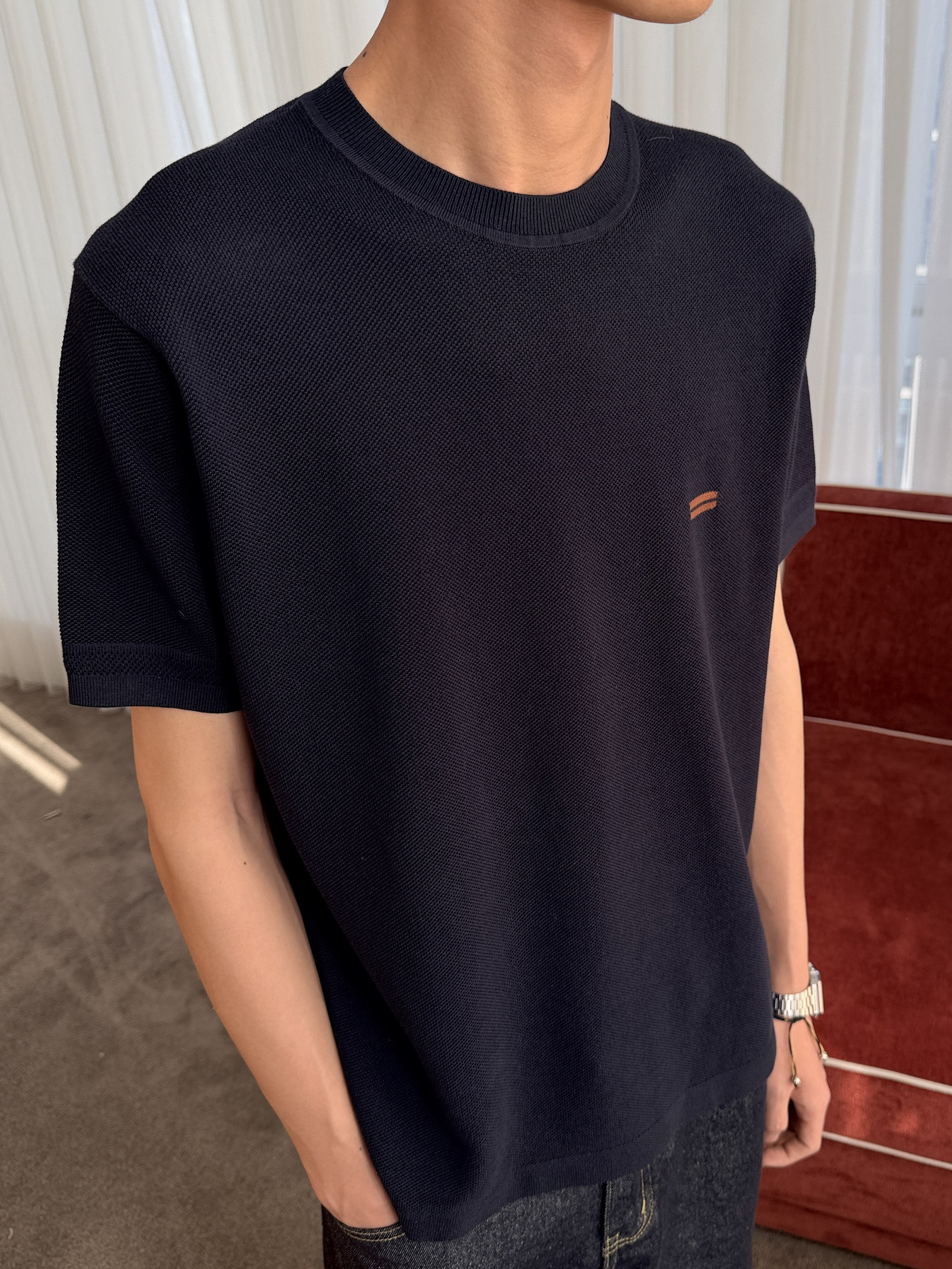 Men’s Navy Textured Knit Tee – Minimal Chest Logo Short Sleeve 