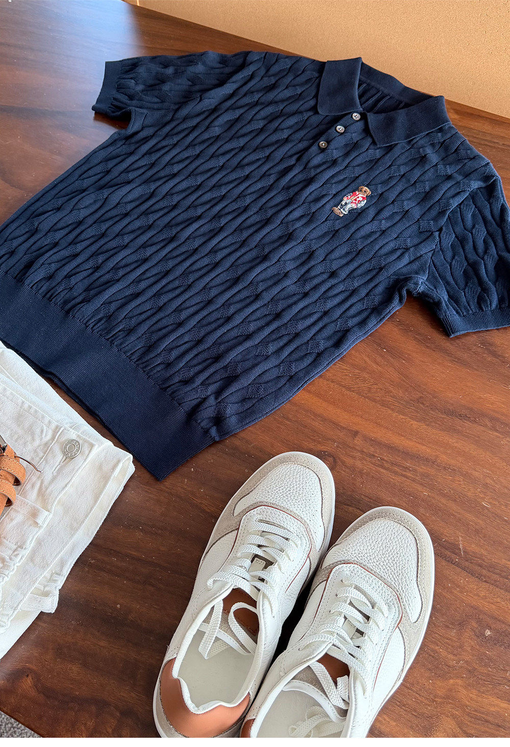 Men’s Short Sleeve Cable Knit Polo Shirt – Bear Print