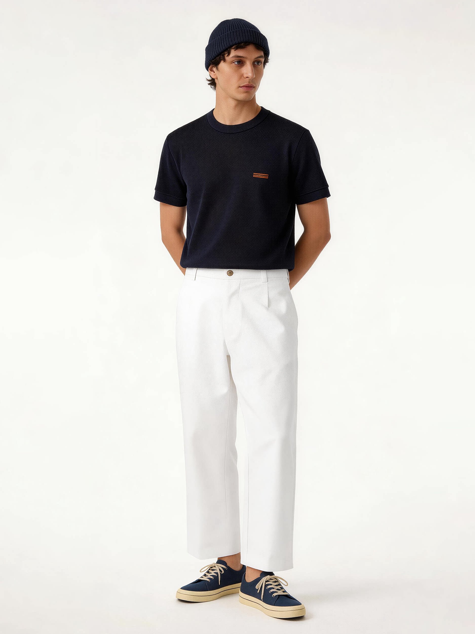 Men’s Navy Textured Knit Tee – Minimal Chest Logo Short Sleeve 