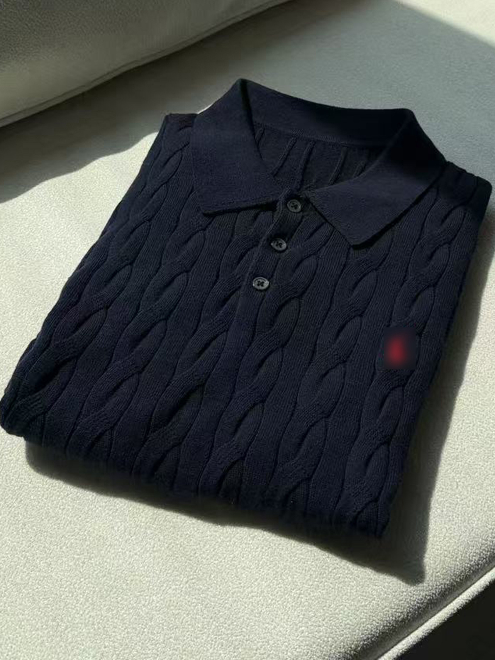 Classic Cable Knit Polo Sweater – Navy Cotton