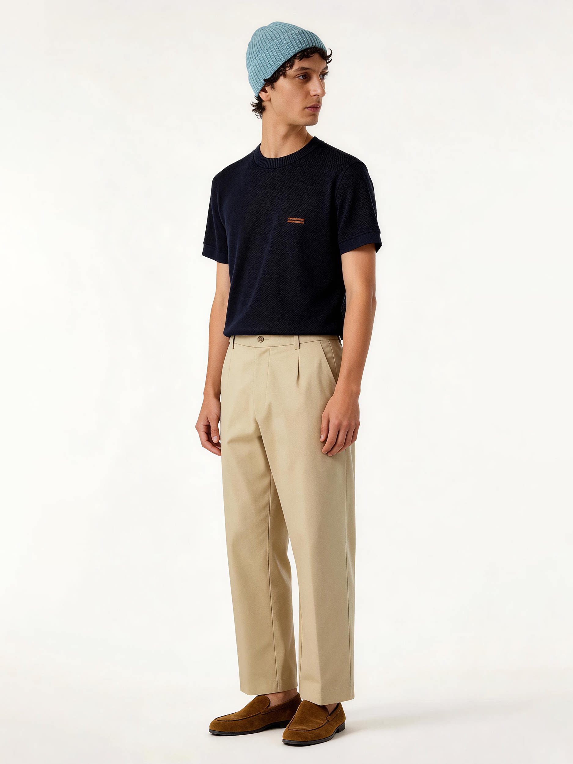 Men’s Navy Textured Knit Tee – Minimal Chest Logo Short Sleeve 