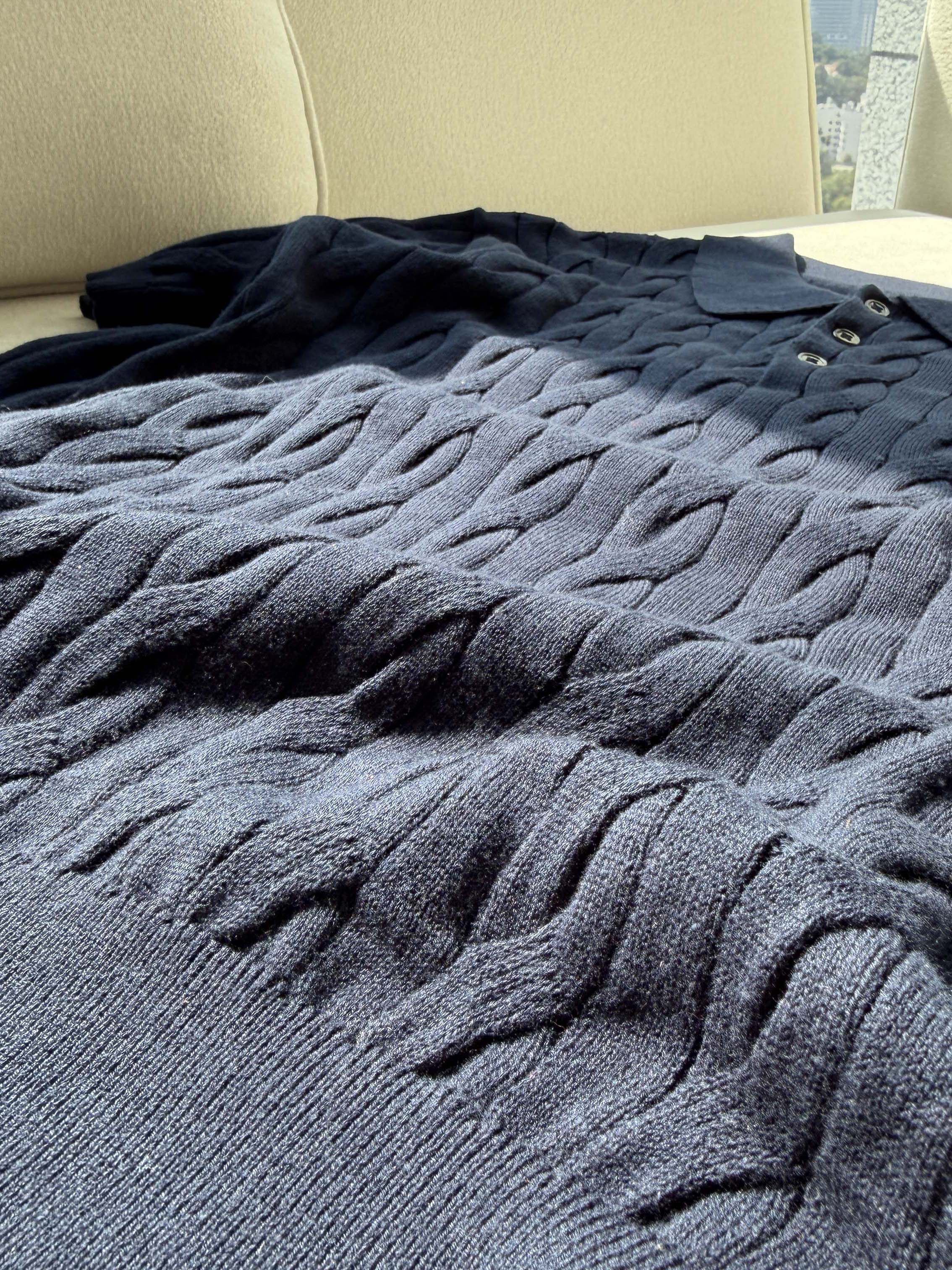 Classic Cable Knit Polo Sweater – Navy Cotton