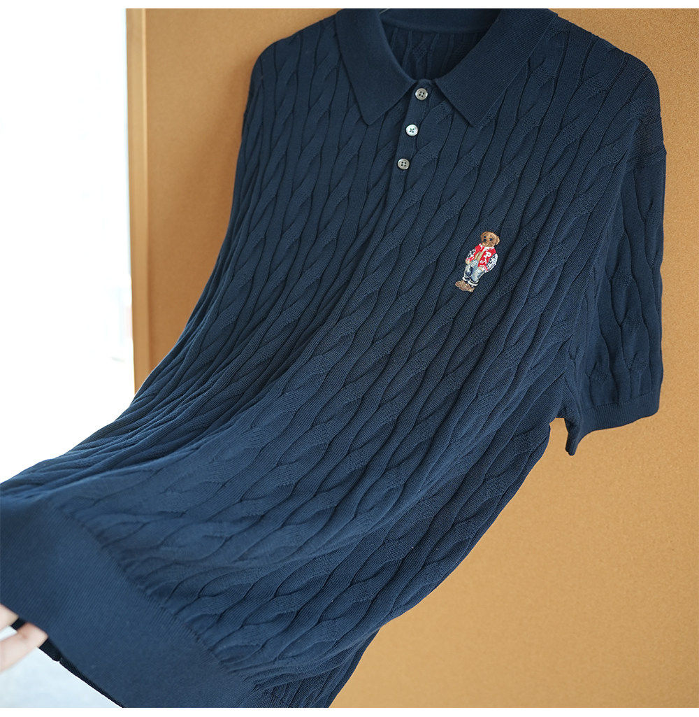 Men’s Short Sleeve Cable Knit Polo Shirt – Bear Print