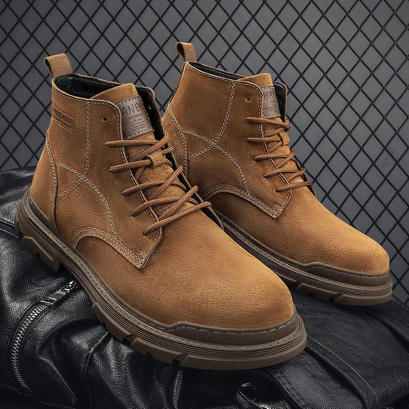 Men’s Leather Work Chukka Boots, Hand-Stitched Lace-Up Ankle Boots with Waterproof Lining, Non-Slip/Oil-Resistant Sole, Arch Support-SCSLUXE