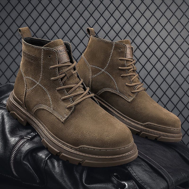 Men’s Leather Work Chukka Boots, Hand-Stitched Lace-Up Ankle Boots with Waterproof Lining, Non-Slip/Oil-Resistant Sole, Arch Support-SCSLUXE