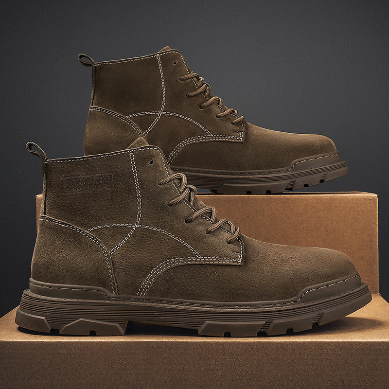 Men’s Leather Work Chukka Boots, Hand-Stitched Lace-Up Ankle Boots with Waterproof Lining, Non-Slip/Oil-Resistant Sole, Arch Support-SCSLUXE