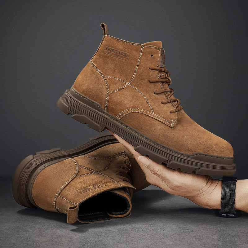 Men’s Leather Work Chukka Boots, Hand-Stitched Lace-Up Ankle Boots with Waterproof Lining, Non-Slip/Oil-Resistant Sole, Arch Support-SCSLUXE