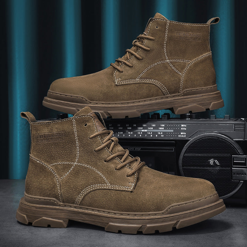 Men’s Leather Work Chukka Boots, Hand-Stitched Lace-Up Ankle Boots with Waterproof Lining, Non-Slip/Oil-Resistant Sole, Arch Support-SCSLUXE