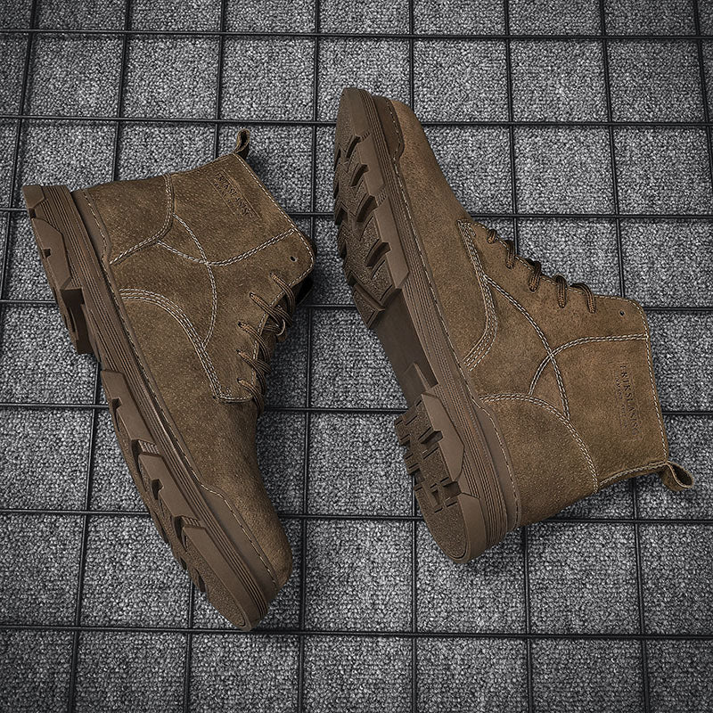 Men’s Leather Work Chukka Boots, Hand-Stitched Lace-Up Ankle Boots with Waterproof Lining, Non-Slip/Oil-Resistant Sole, Arch Support-SCSLUXE