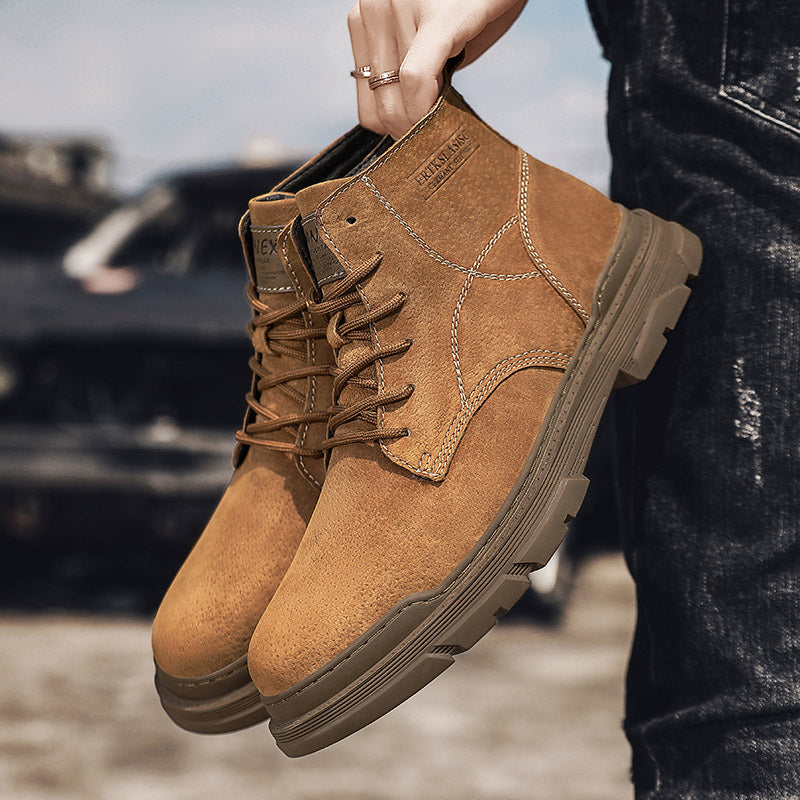 Men’s Leather Work Chukka Boots, Hand-Stitched Lace-Up Ankle Boots with Waterproof Lining, Non-Slip/Oil-Resistant Sole, Arch Support-SCSLUXE