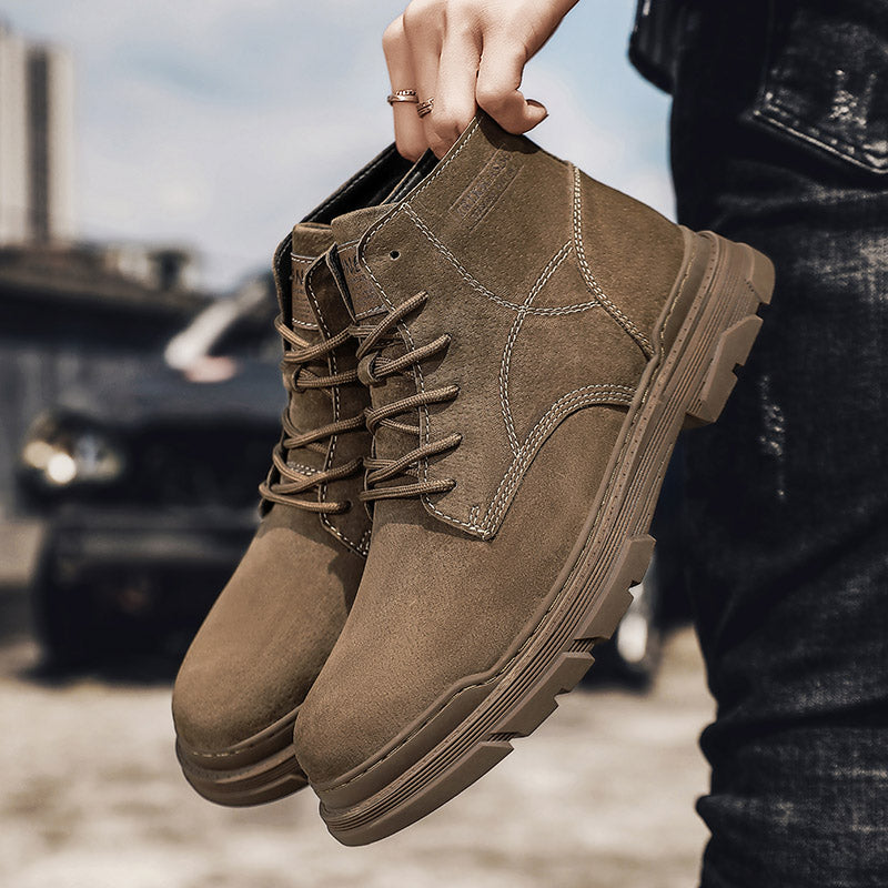 Men’s Leather Work Chukka Boots, Hand-Stitched Lace-Up Ankle Boots with Waterproof Lining, Non-Slip/Oil-Resistant Sole, Arch Support-SCSLUXE