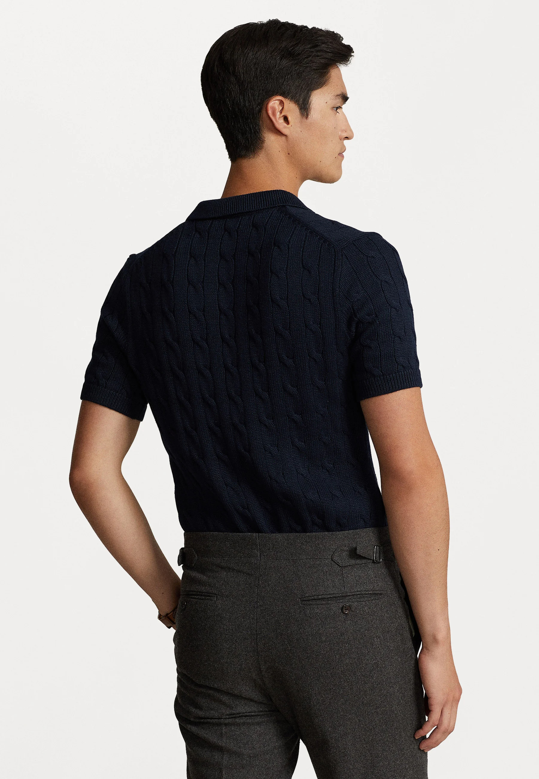 Classic Cable Knit Polo Sweater – Navy Cotton