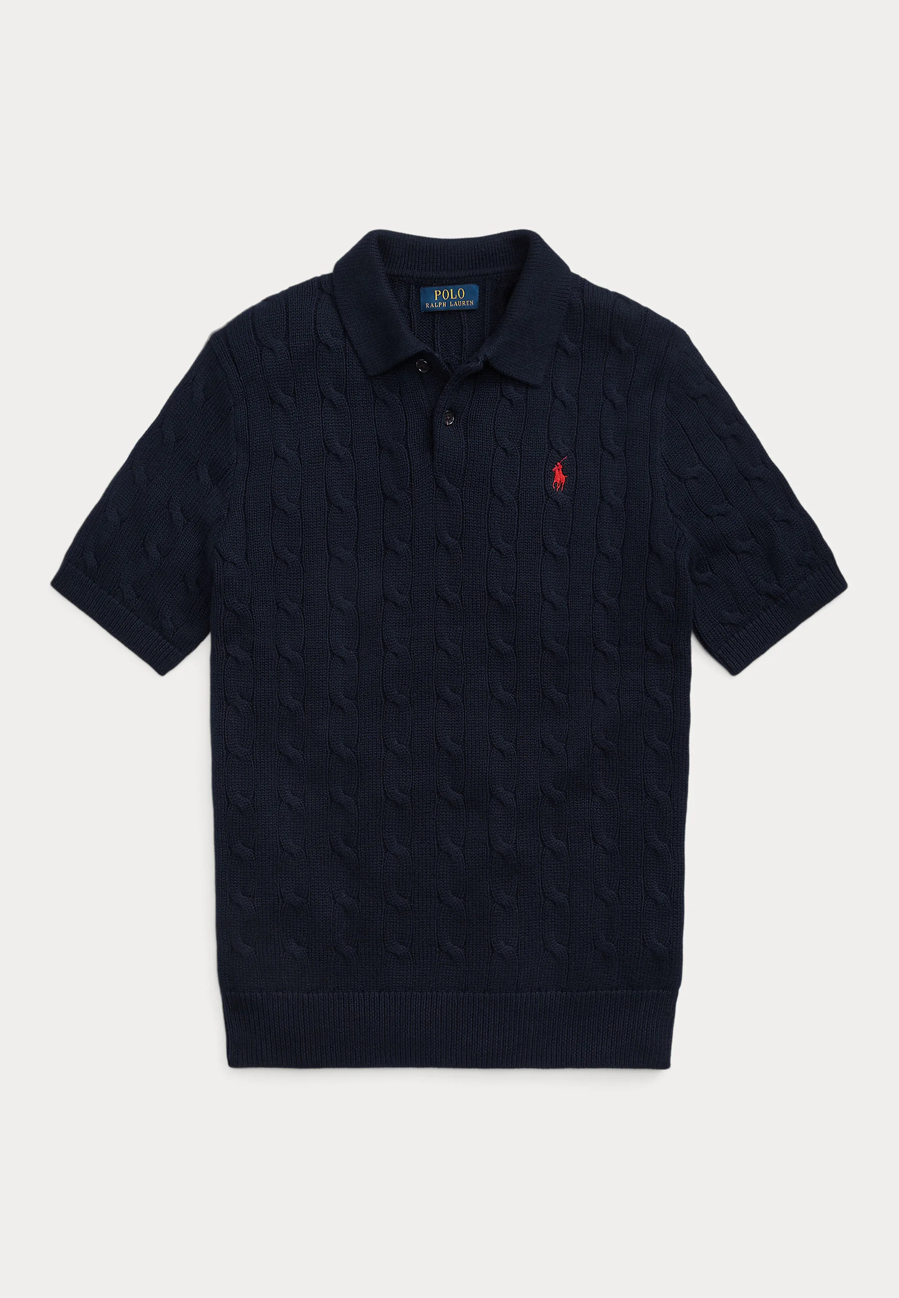 Classic Cable Knit Polo Sweater – Navy Cotton