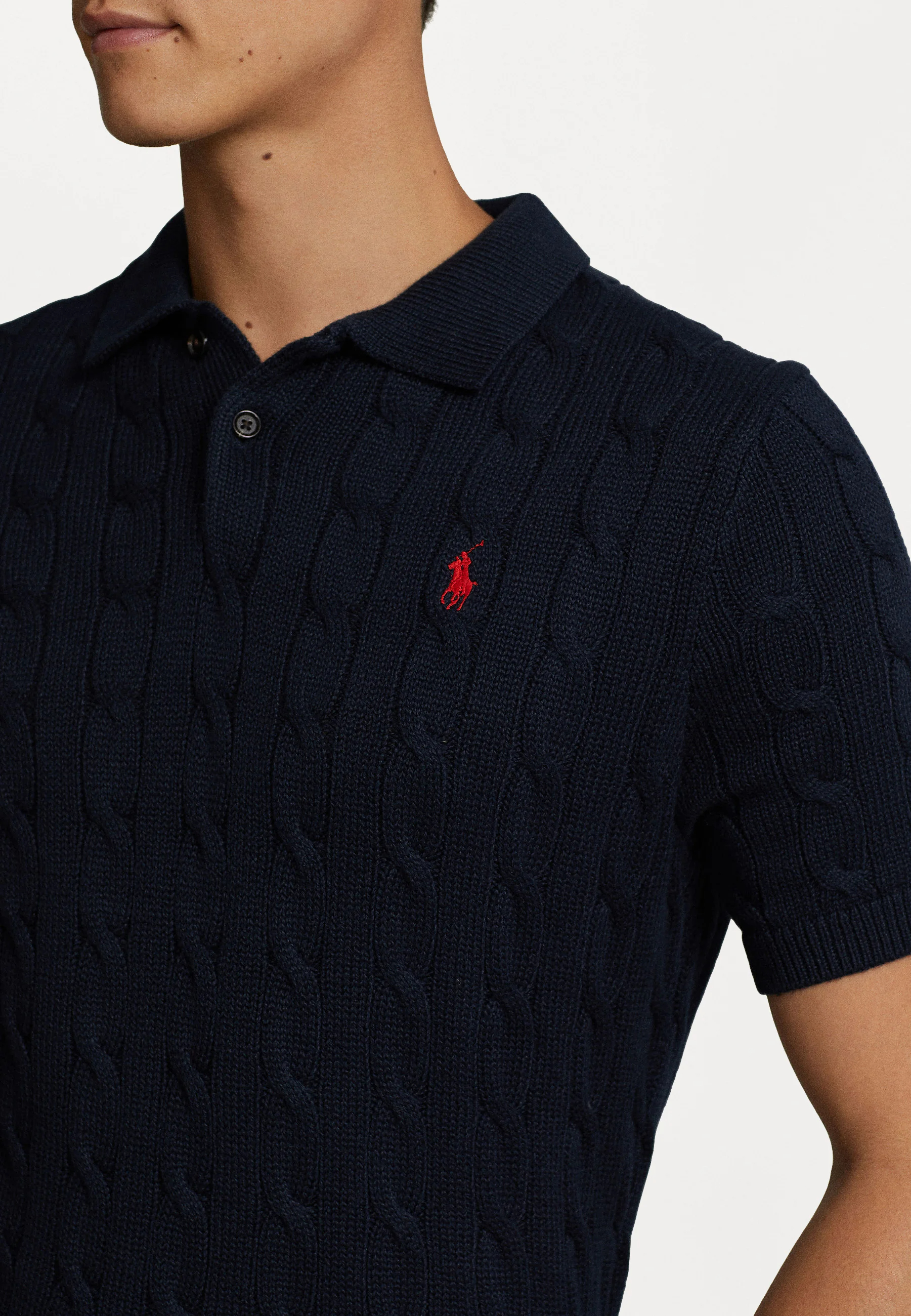 Classic Cable Knit Polo Sweater – Navy Cotton