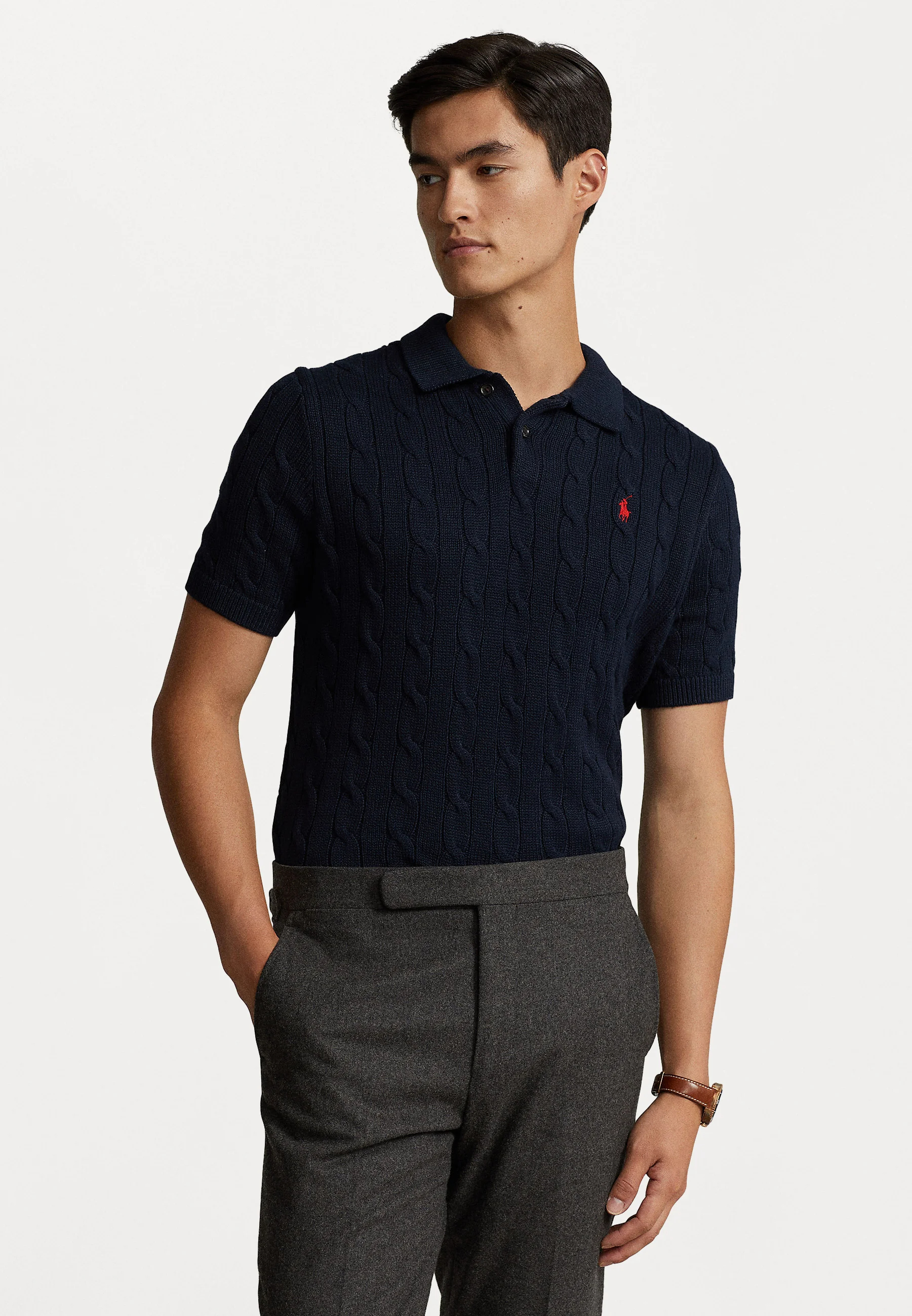 Classic Cable Knit Polo Sweater – Navy Cotton