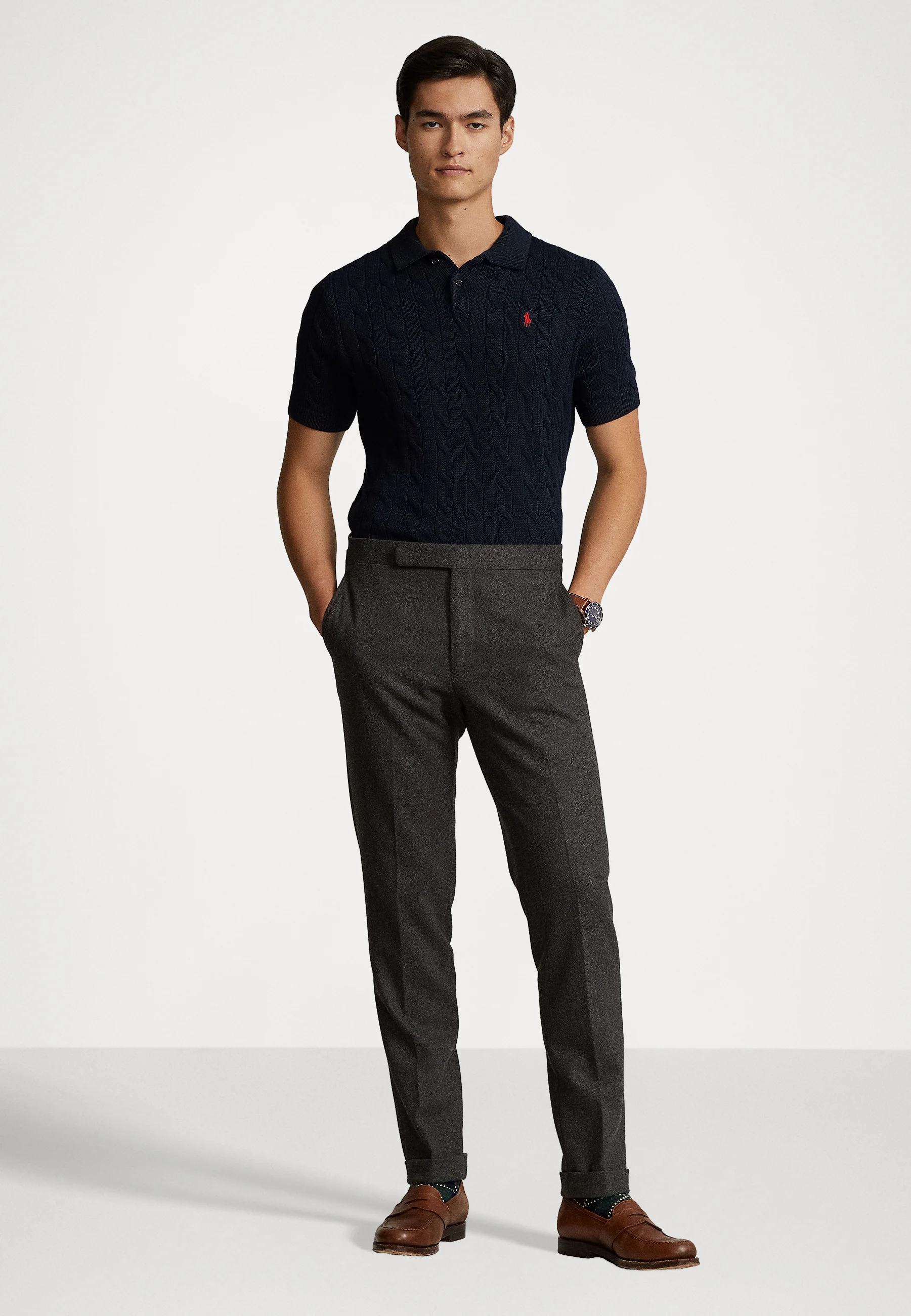 Classic Cable Knit Polo Sweater – Navy Cotton