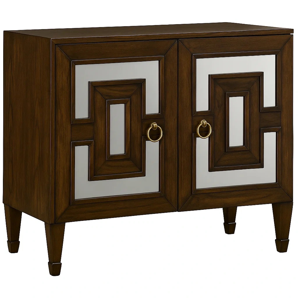 Meuble de rangement en bois et miroir avec détails dorés