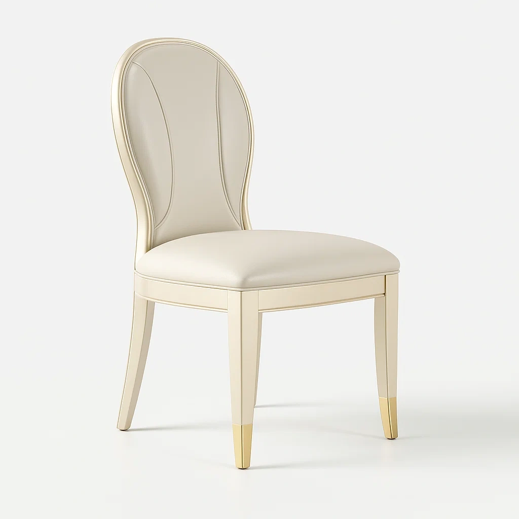 Chaise de salle à manger en cuir synthétique beige avec pieds en bois décoratifs dorés