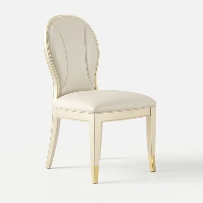 Chaise de salle à manger en cuir synthétique beige avec pieds en bois décoratifs dorés