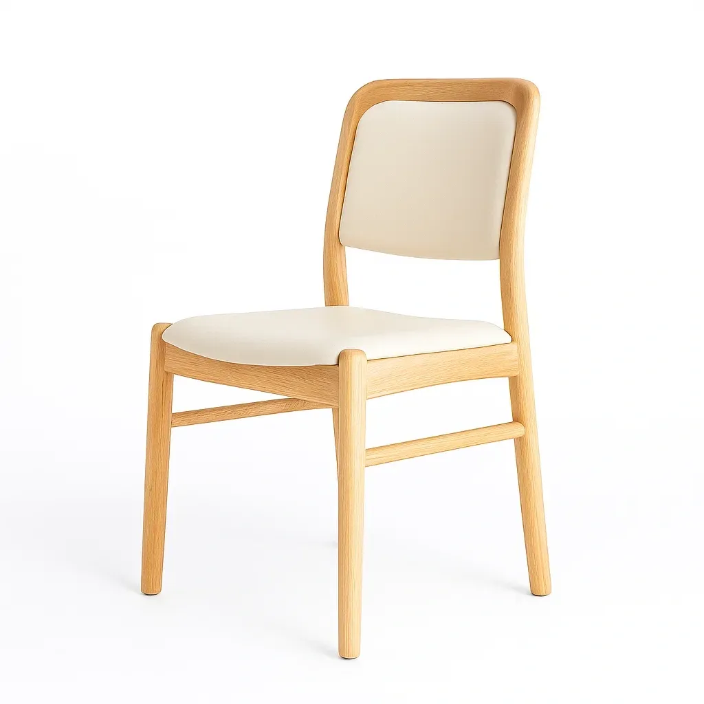 Chaise de salle à manger en bois avec assise et dossier rembourrés en cuir synthétique beige