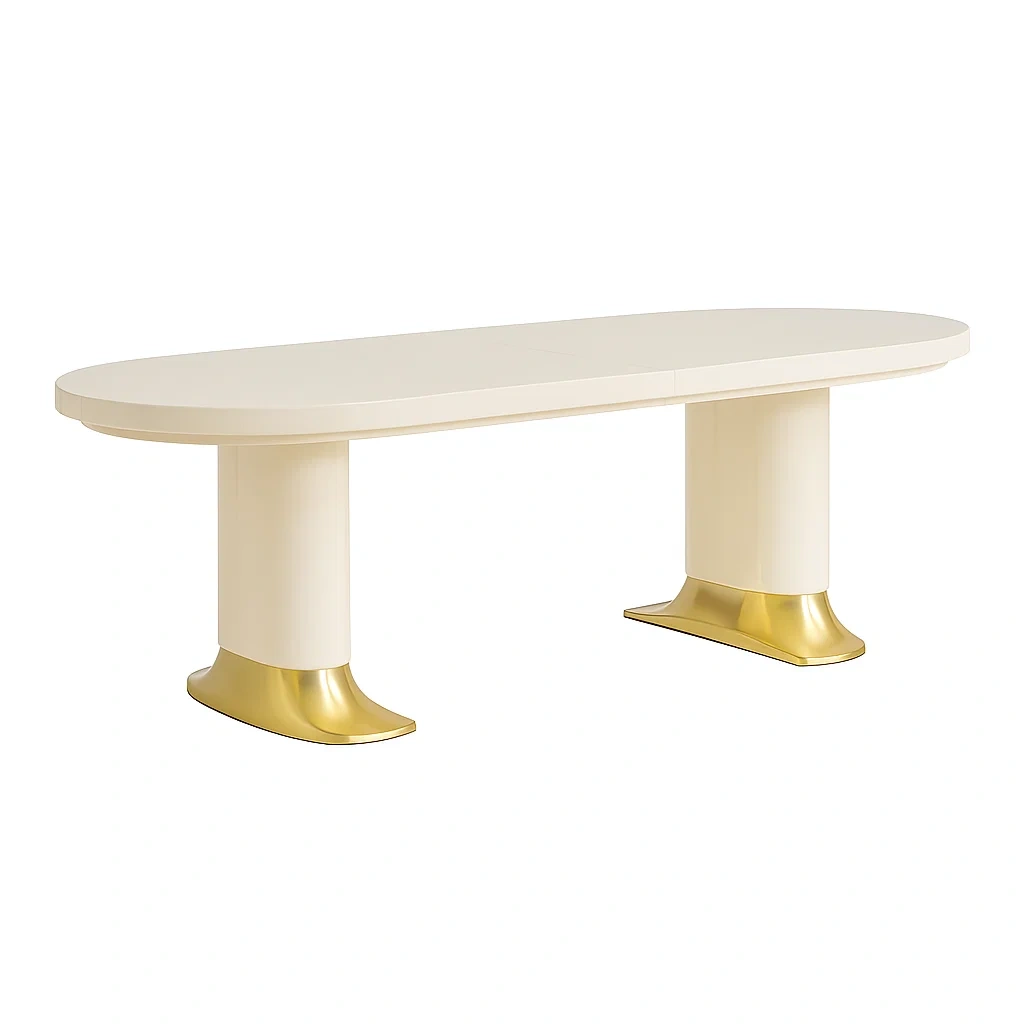 Table de salle à manger ovale en MDF et métal crème/or
