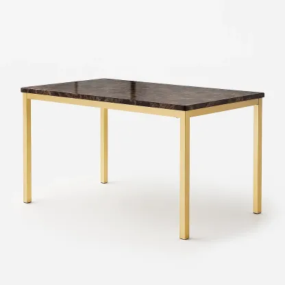 Table de salle à manger rectangulaire en imitation marbre marron et métal doré