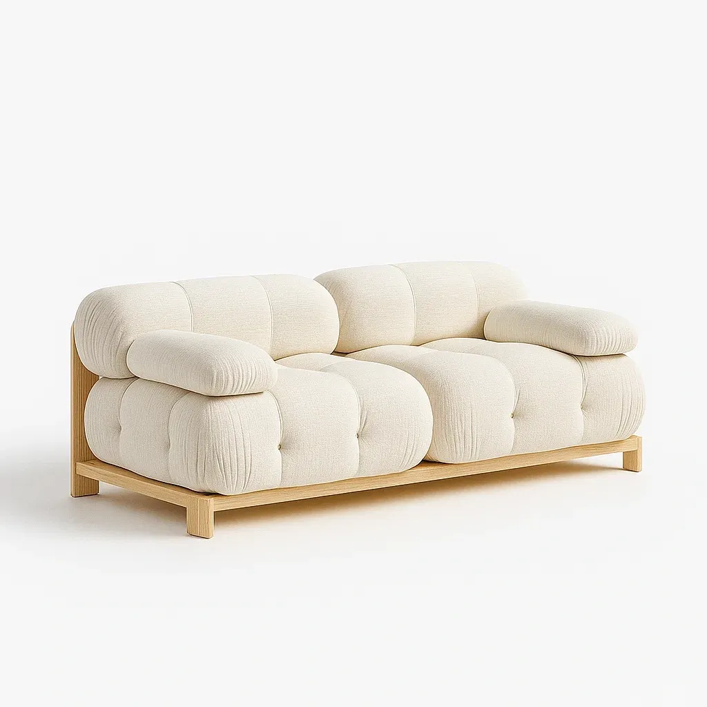 Canapé deux places en tissu avec structure en bois de chêne