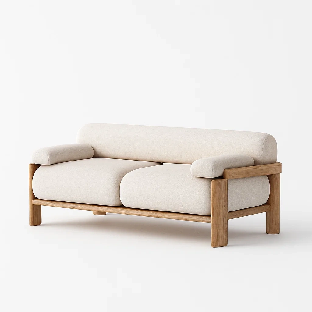 Canapé deux places en bois et tissu beige