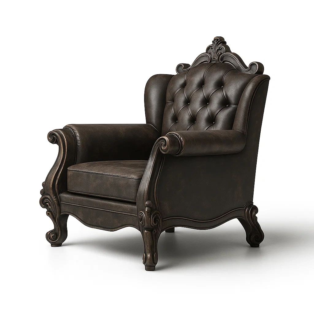 Fauteuil en cuir synthétique marron avec structure bois