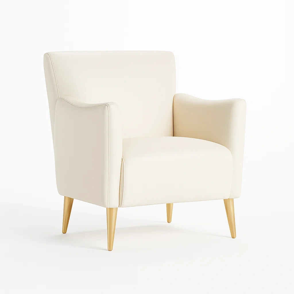 Fauteuil en cuir synthétique beige avec pieds en bois
