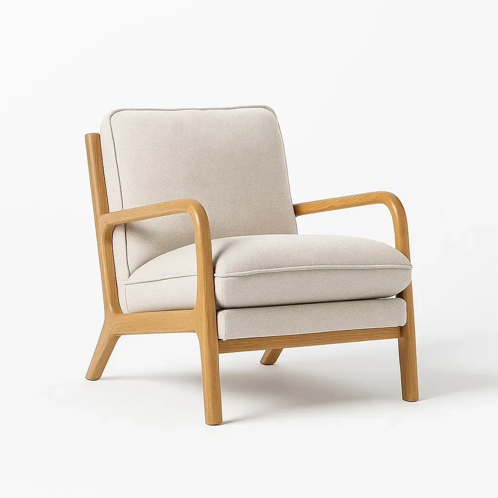 Fauteuil en bois avec revêtement en tissu beige (75x80x85 cm)