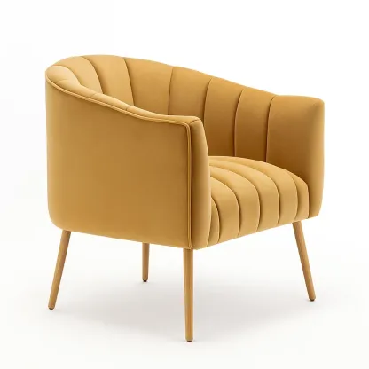 Fauteuil en velours jaune moutarde pieds bois