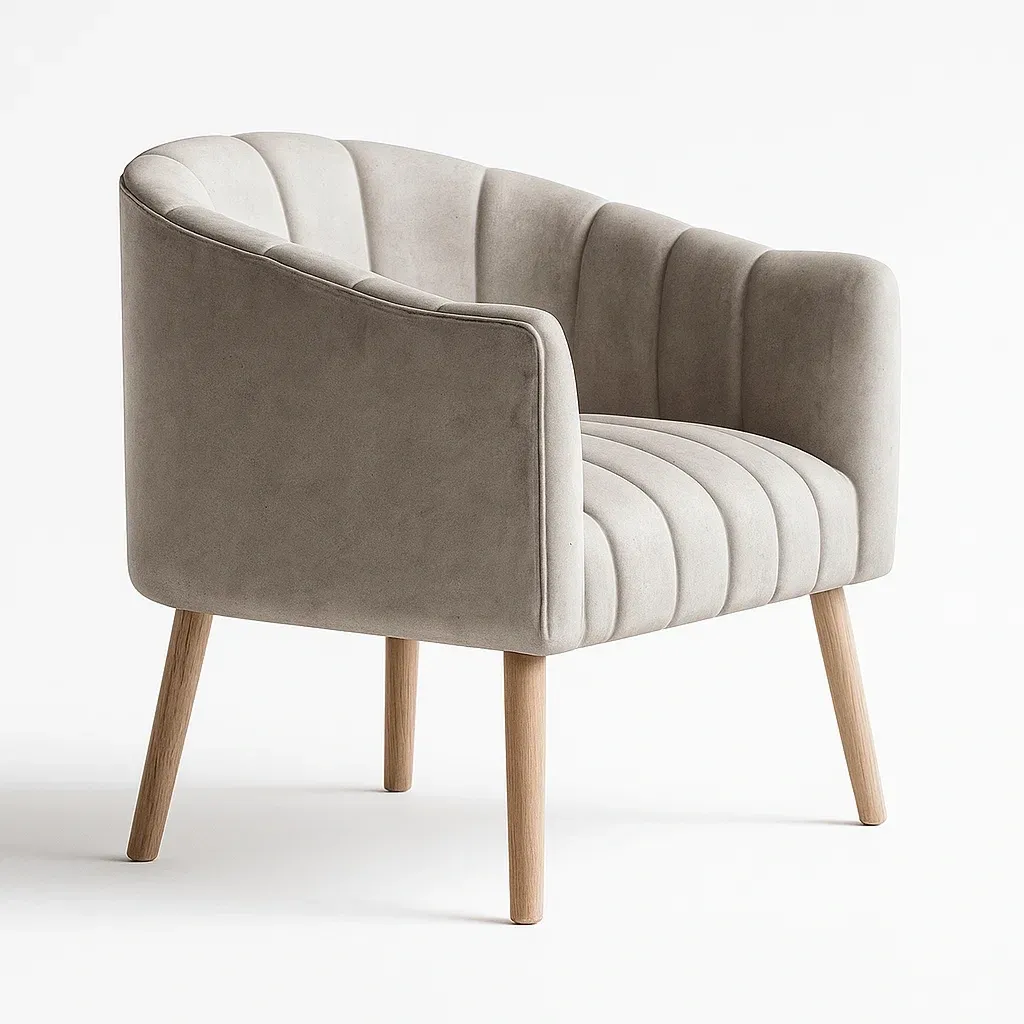 Fauteuil en velours beige avec pieds en chêne