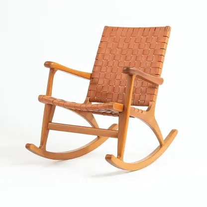 Fauteuil à bascule en bois et cuir synthétique marron