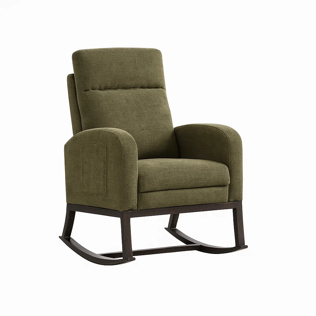 Fauteuil à bascule en tissu polyester vert structure en bois