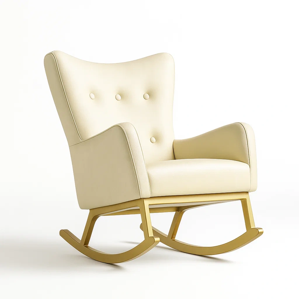 Fauteuil à bascule en similicuir crème structure en bois massif