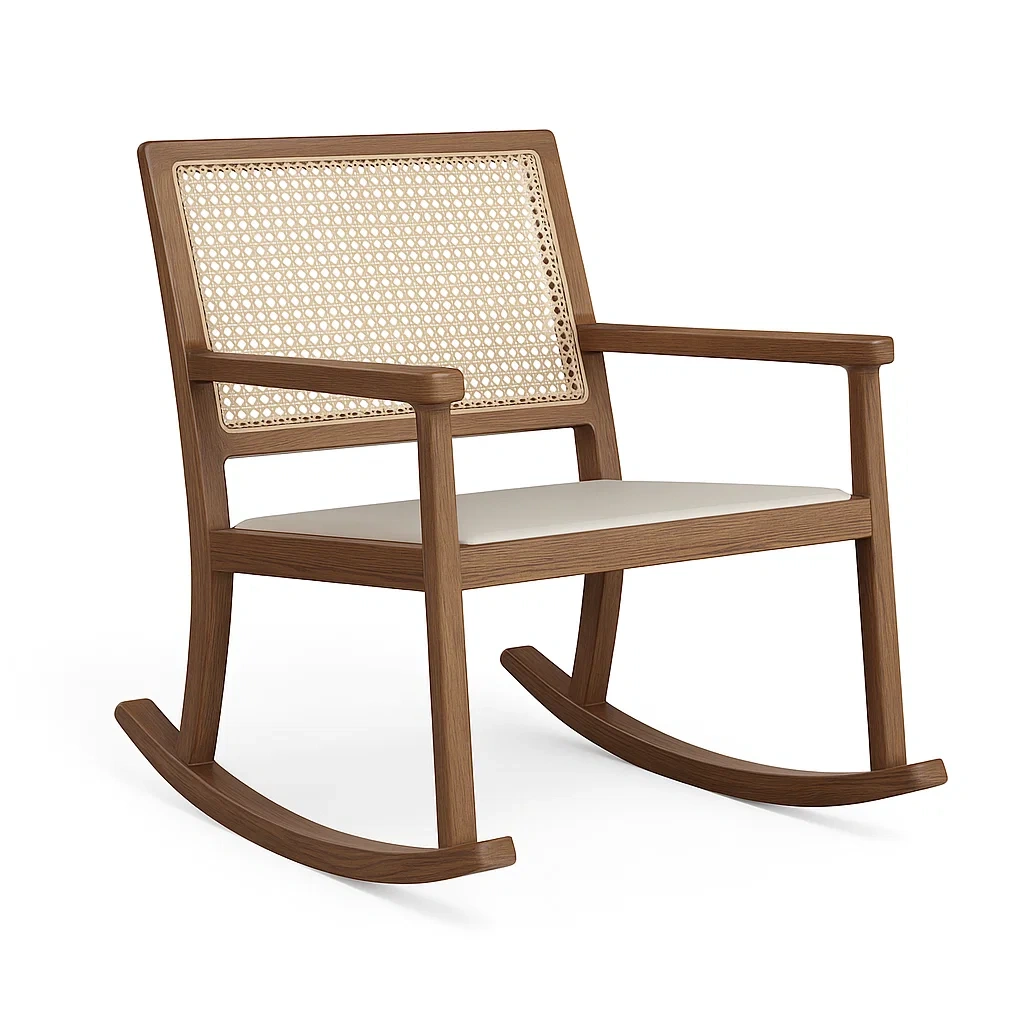 Fauteuil à bascule en bois avec assise coussinée et dossier en cannage