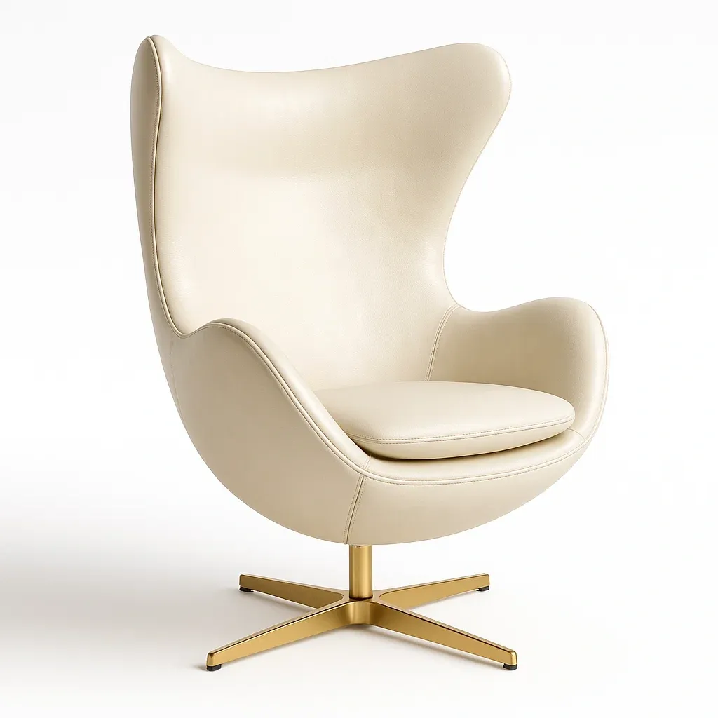 Chaise de détente pivotante en cuir synthétique crème avec base en métal doré