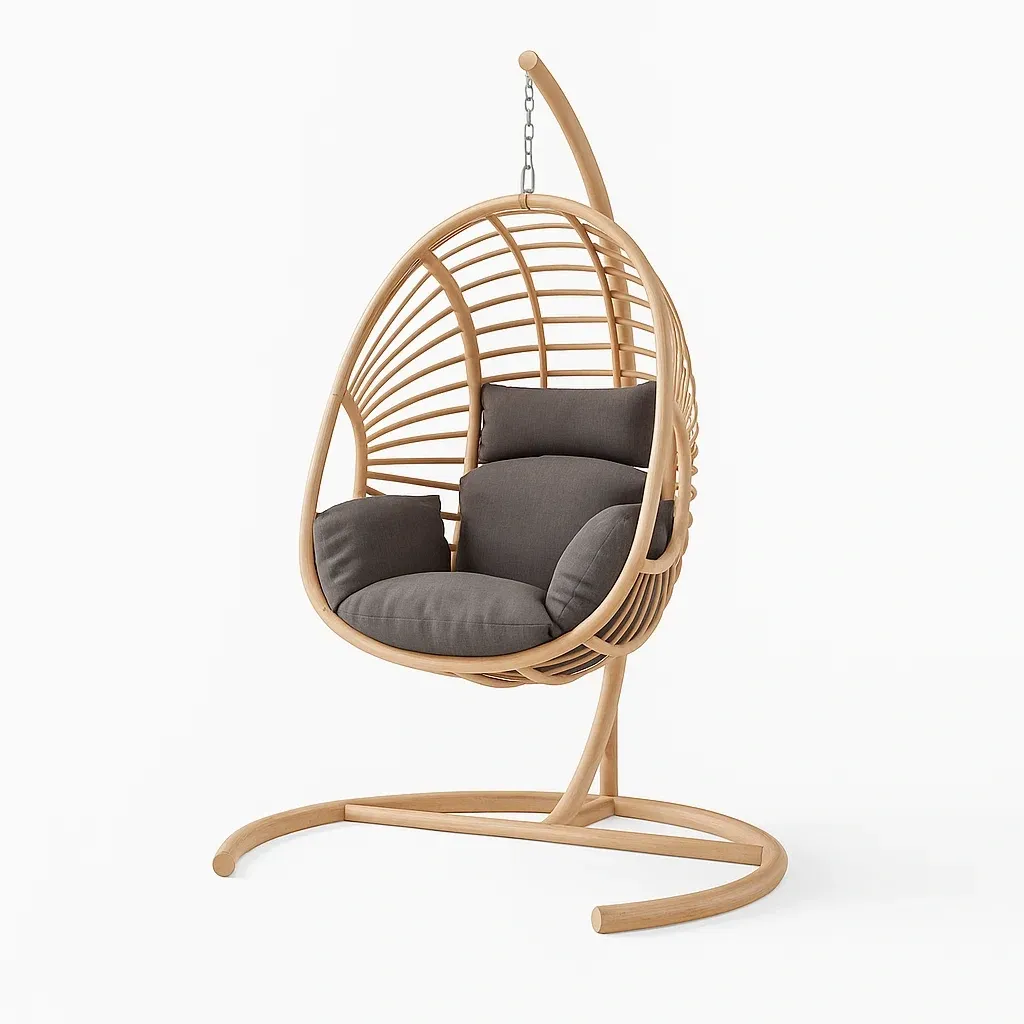 Fauteuil œuf suspendu en rotin avec coussins gris