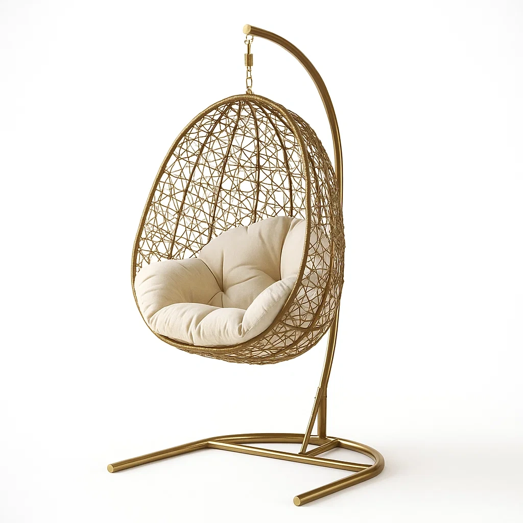 Fauteuil œuf suspendu en rotin synthétique avec coussin beige et support en métal