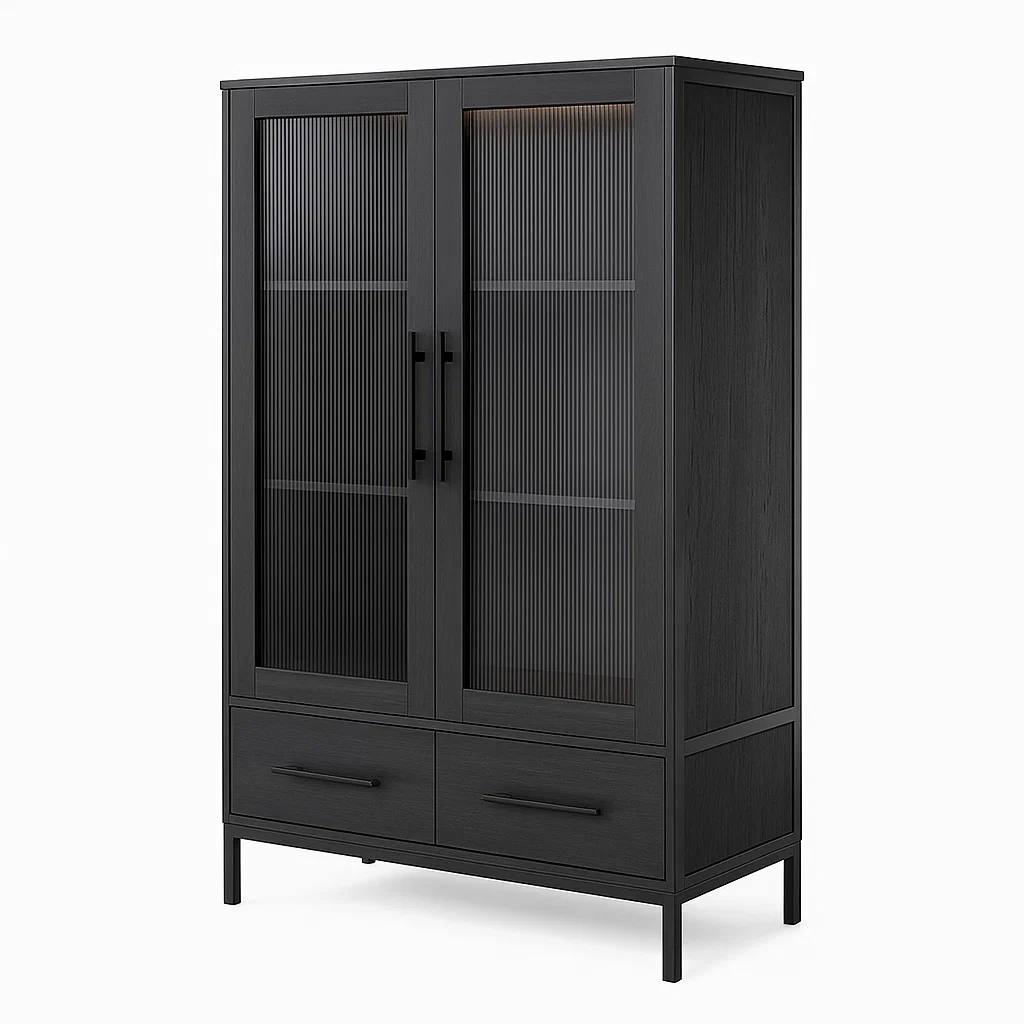 Vitrine d'exposition en bois et métal avec verre rainuré et tiroirs noirs (121x200x45 cm)