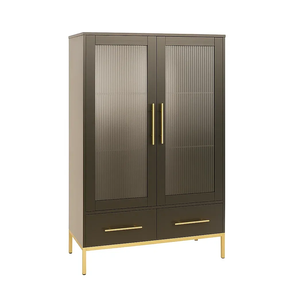 Vitrine d'exposition en bois avec portes en verre cannelé et pieds en métal doré (100x40x180 cm)