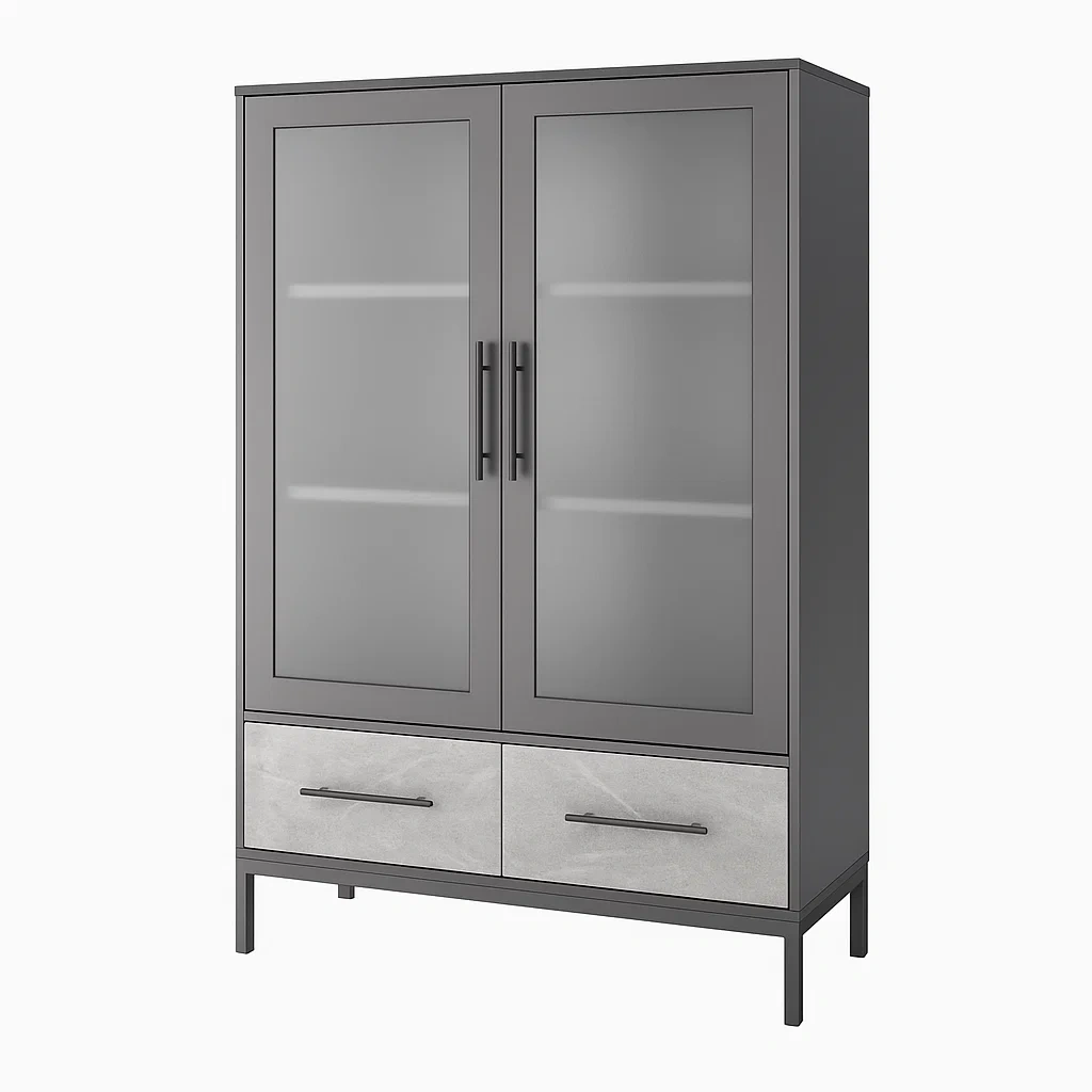 Vitrine d'exposition vitrées deux portes avec tiroirs en métal et verre dépoli