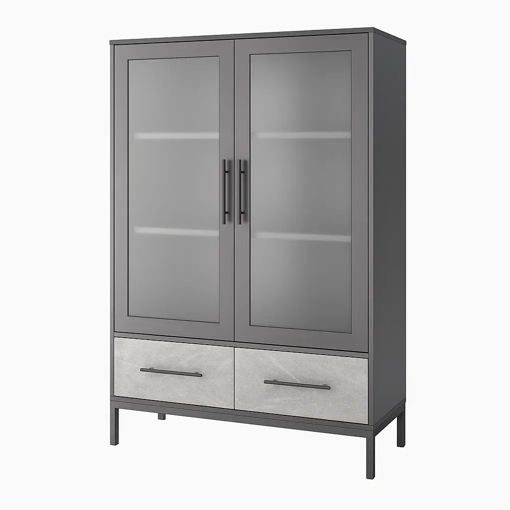 Vitrine d'exposition vitrées deux portes avec tiroirs en métal et verre dépoli