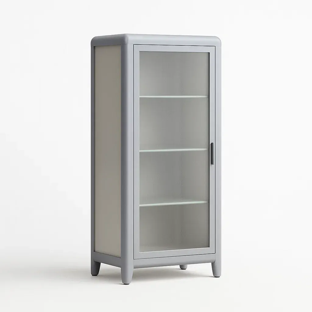 Vitrine d'exposition en métal et verre gris avec 3 étagères
