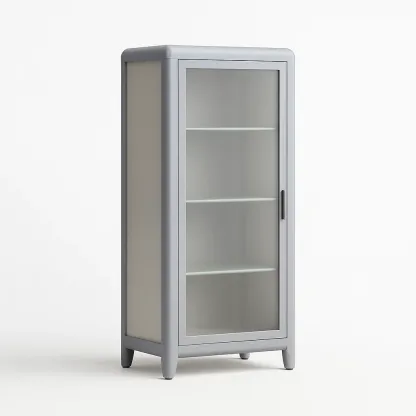 Vitrine d'exposition en métal et verre gris avec 3 étagères