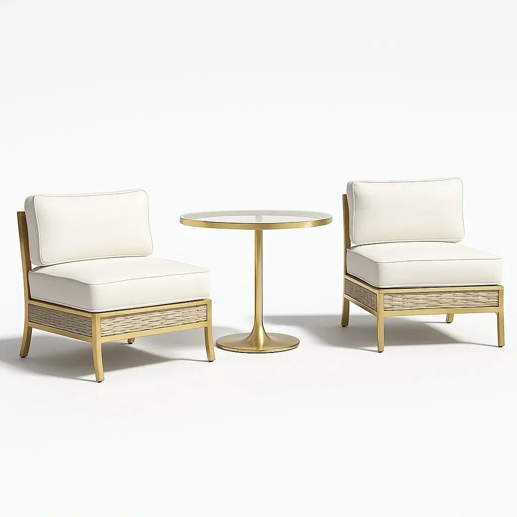 Ensemble de table et chaises de détente en aluminium doré avec coussins en polyester et table ronde